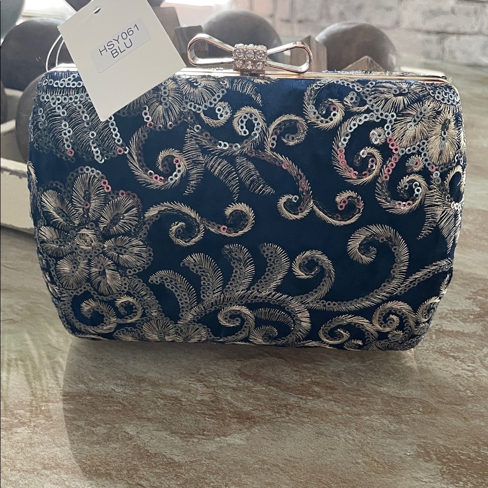 Embellished Navy Blue Evening Clutch with Gold Embroidery